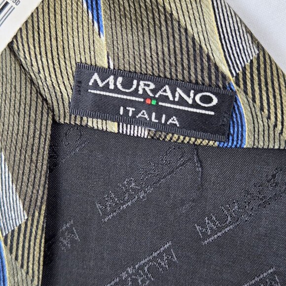 Murano Italia 100% Silk Men's Tie Green Blue Cream Wavy Striped Pattern NWT - Picture 9 of 10